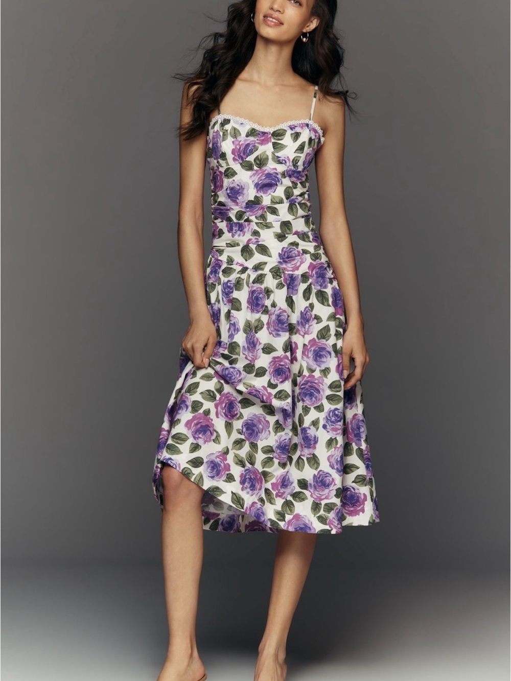 NWT Anthropologie Maeve Cotton Midi Dress with Purple Rose Print